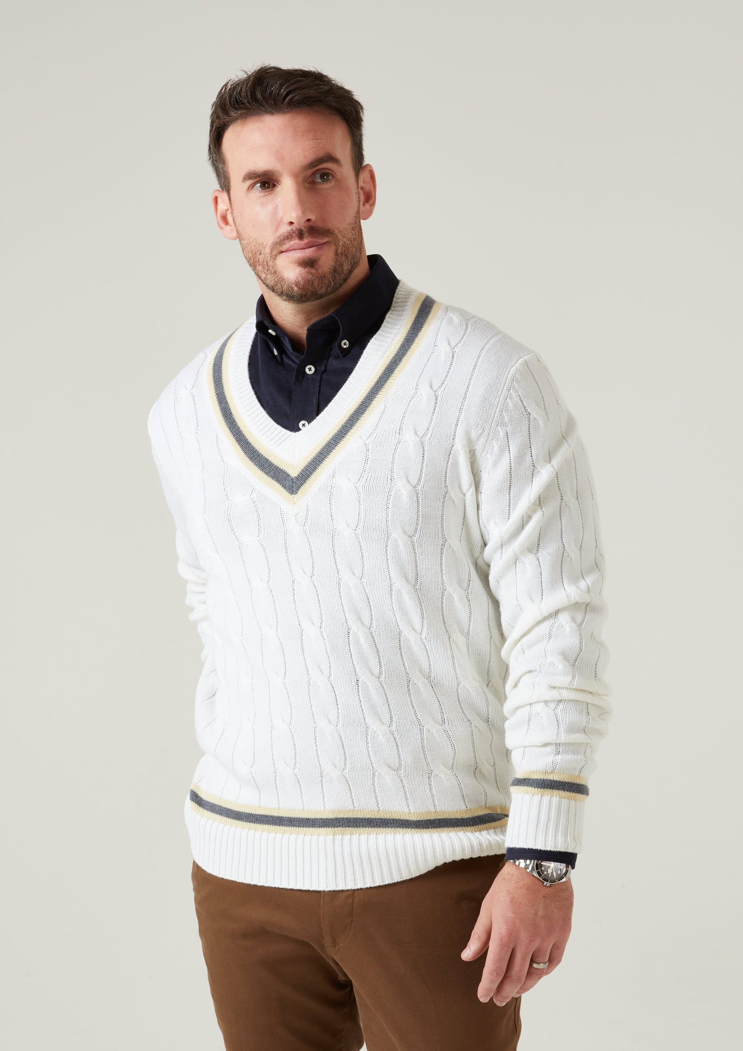 Grafton Men's Merino Wool Cable Cricket Jumper In Ecru
