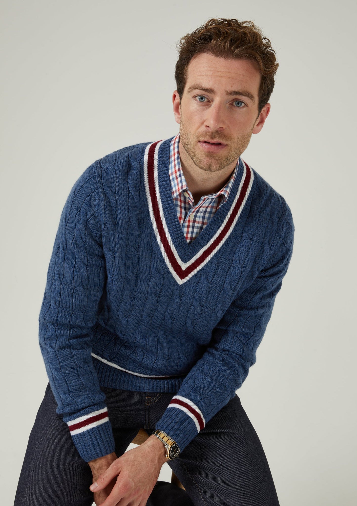 Grafton Men's Merino Wool Cable Cricket Jumper In Denim