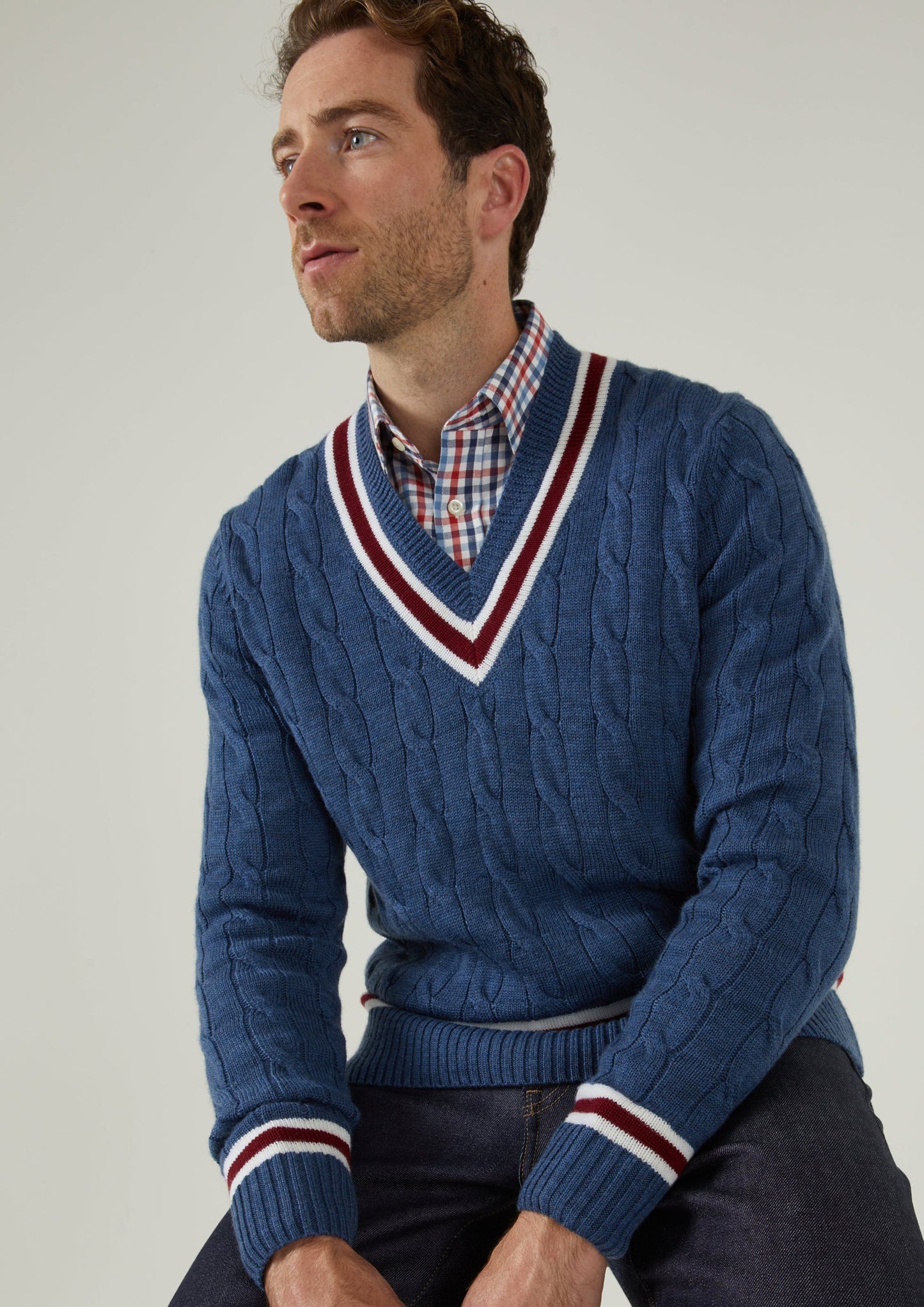 Grafton Men's Merino Wool Cable Cricket Jumper In Denim