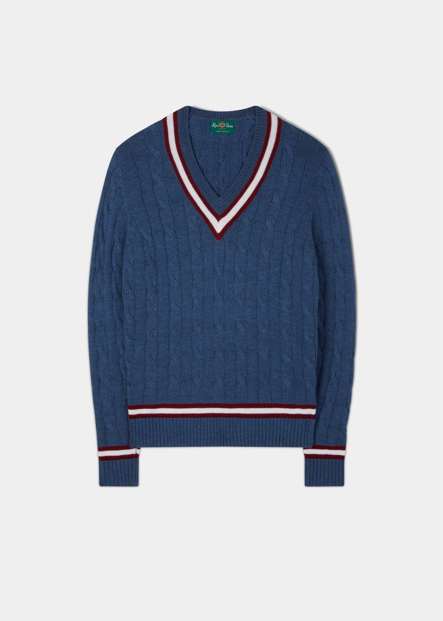 Grafton Men's Merino Wool Cable Cricket Jumper In Denim - Regular Fit