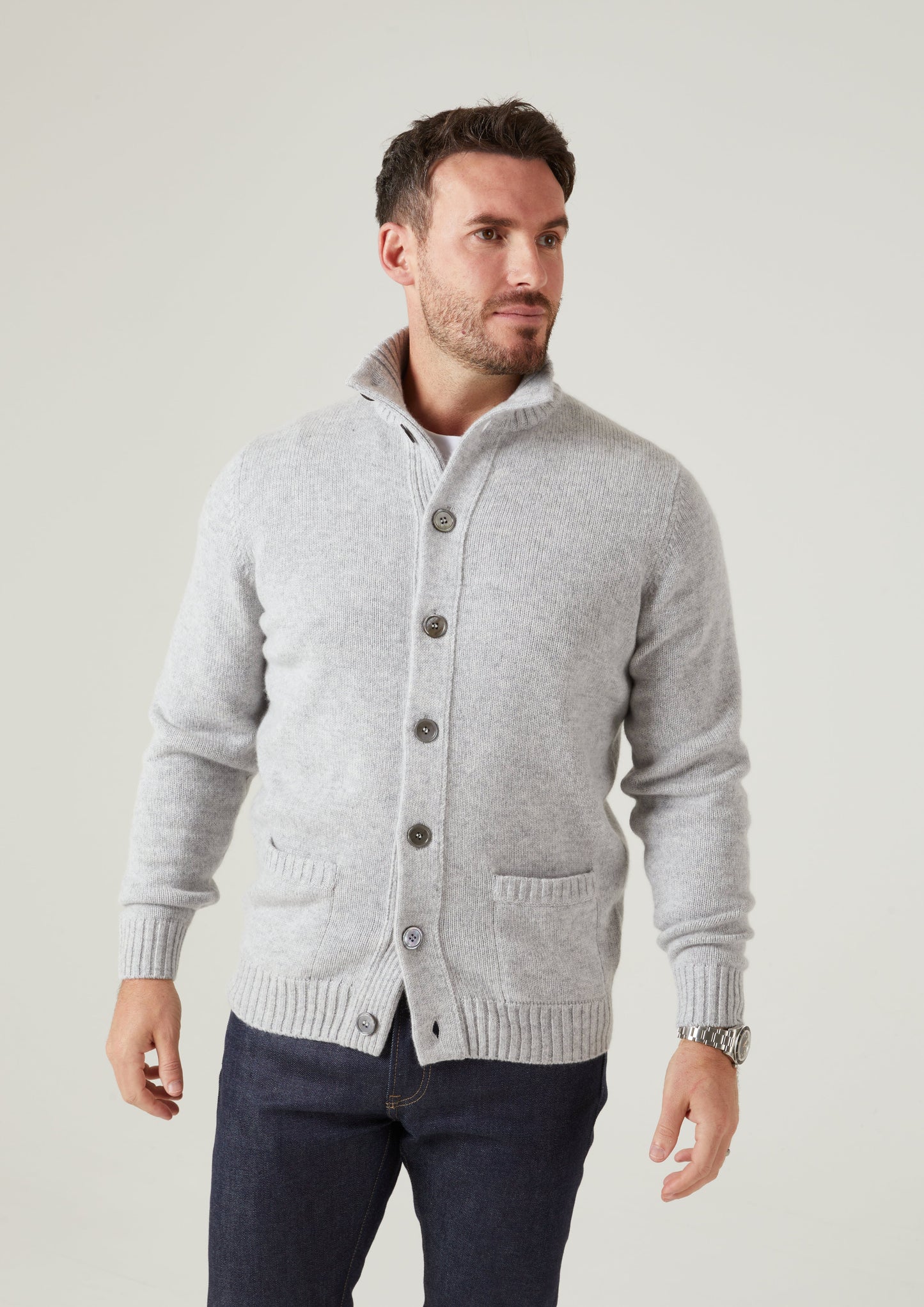 Landford Men's Lambswool Buttoned Jumper In Pearl Grey