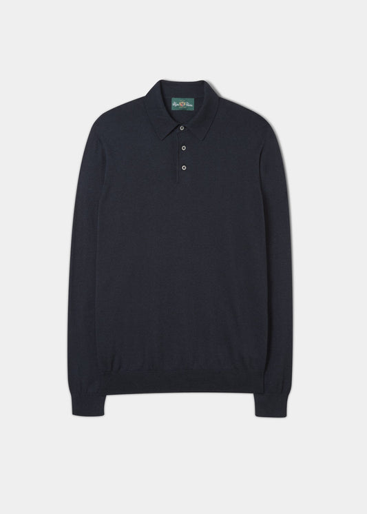 luxury cotton polo shirt with long sleeves in dark navy.
