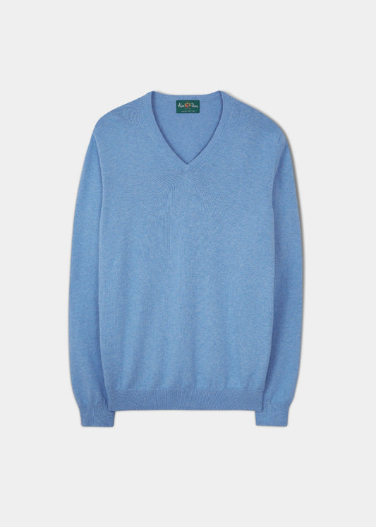 Alan Paine cotton cashmere v-neck jumper in carolina blue