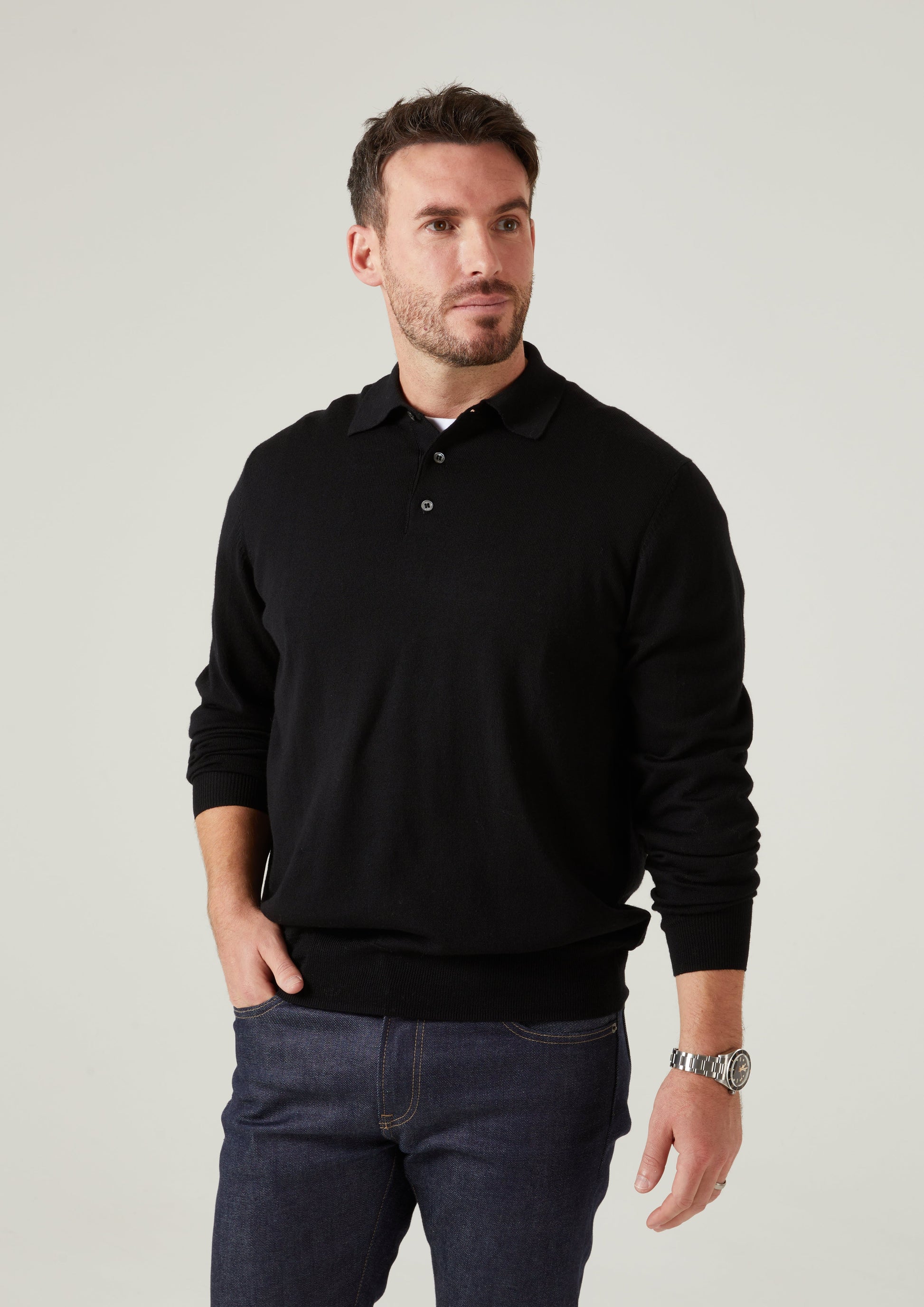 Hindhead Men's Merino Wool Polo Shirt in Black