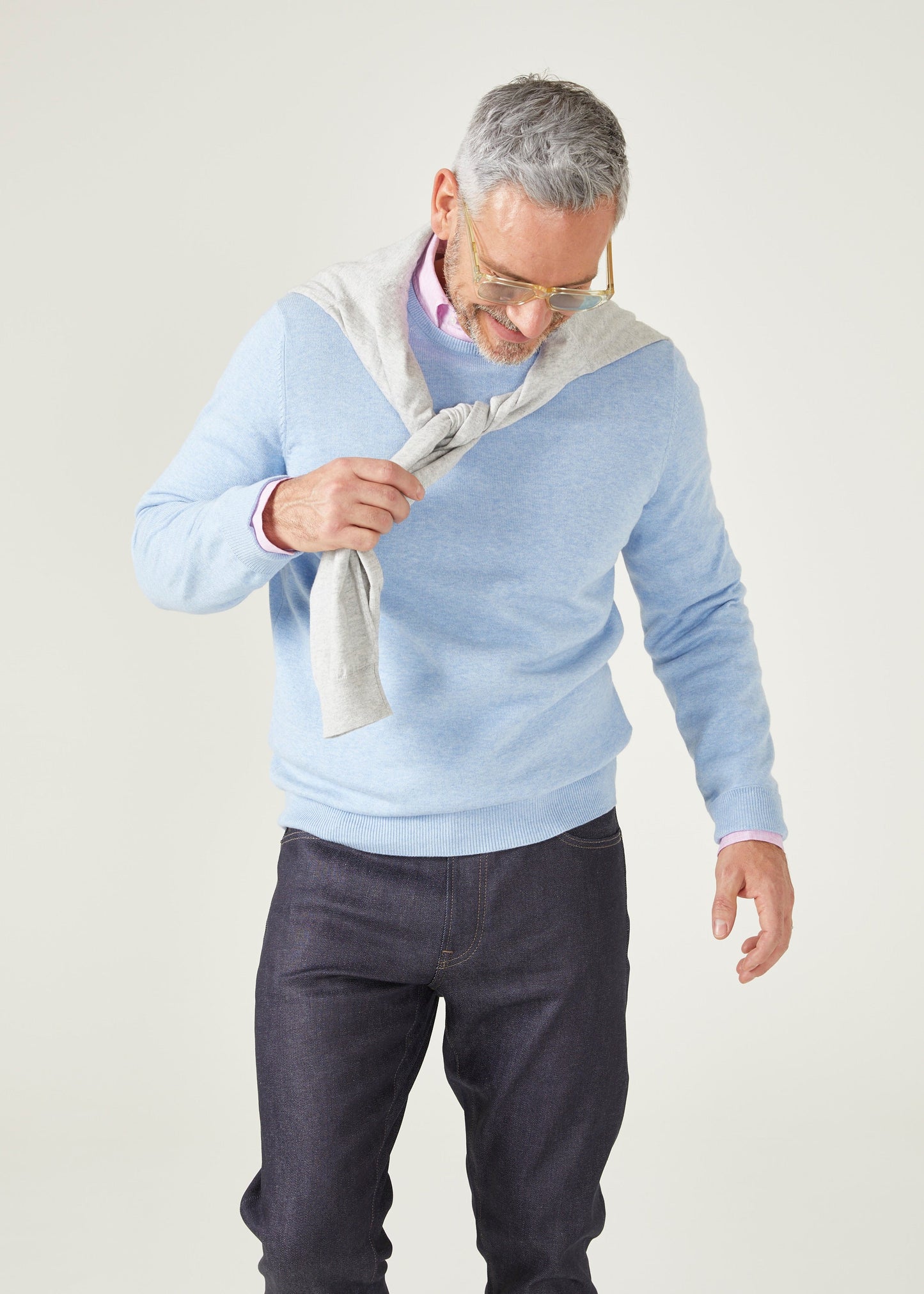men's cotton cashmere crew neck jumper in steel blue