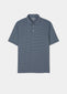 3 button short sleeve polo with Navy & light blue stipes.