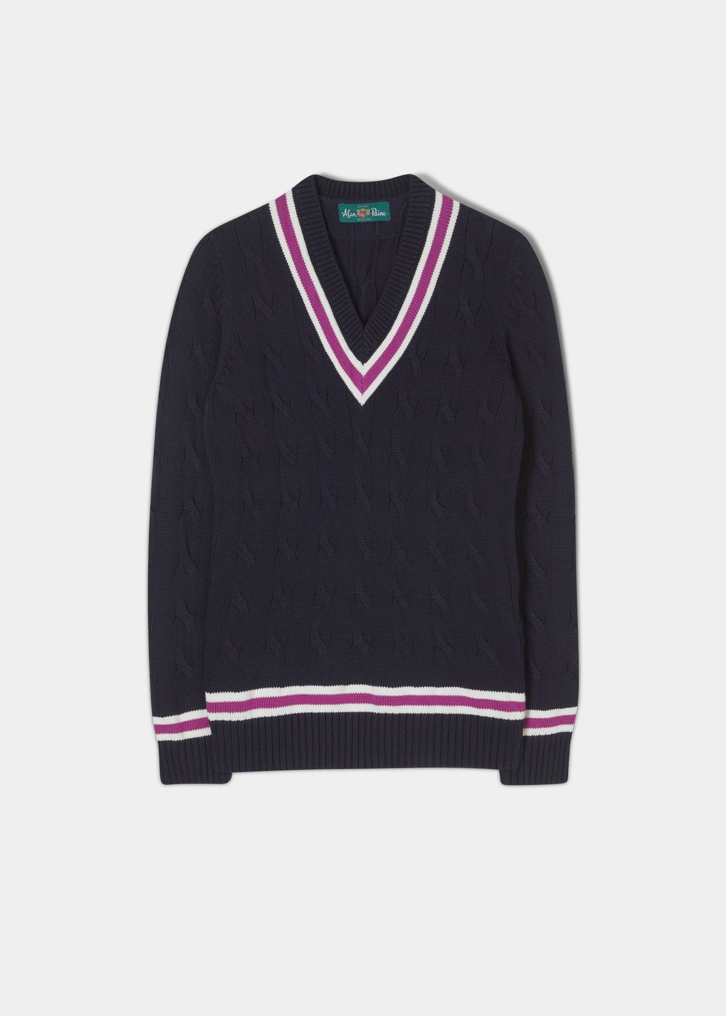 Ladies Vee Neck Cable Knit Cricket Jumper In Dark Navy and Orchid
