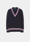 Ladies Vee Neck Cable Knit Cricket Jumper In Dark Navy and Orchid