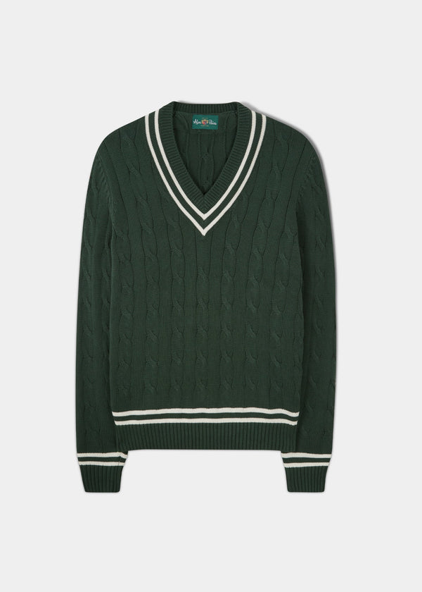 Men's racing green cricket jumper with a vee neck and ecru trim.
